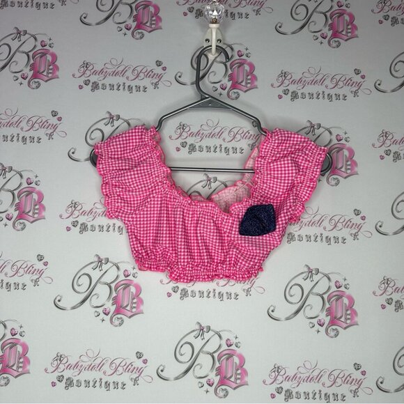 Tank crop milkmaid style bathing suit material pink Gingham Babydoll Top - Picture 4 of 6